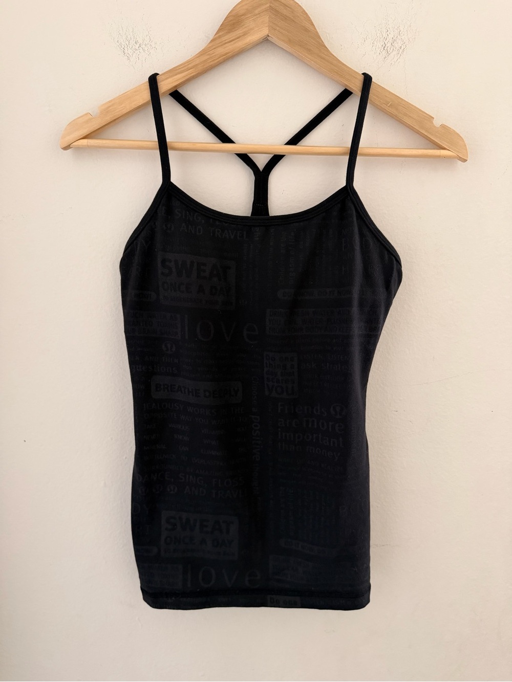 Lululemon Power Y Tank Tonal Black Manifesto Print Built-In Shelf Bra Racerback
